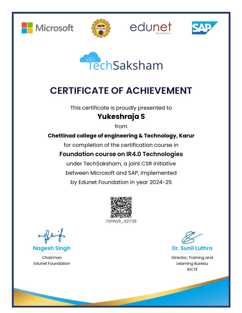 TechSaksham IR4.0 Technologies Certificate